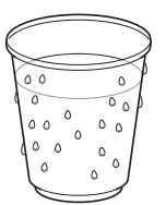 Line drawing of a transparent plastic cup with water droplets on the outside, filled halfway with liquid, representing condensation.