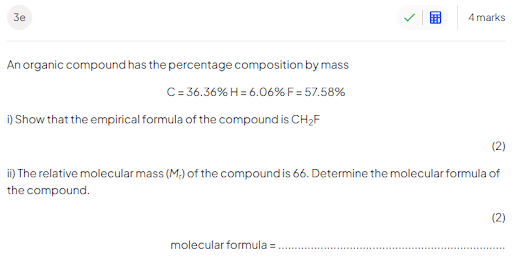 Chemistry question with composition: C = 36.36%, H = 6.06%, F = 57.58%. Find the empirical formula CH₂F and determine the molecular formula. 4 marks total.