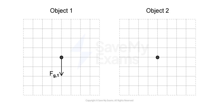 Two grid squares with dots in the centre: Object 1 shows a downward arrow labeled Fg,1 which is 2 units in length; Object 2 shows a dot only.