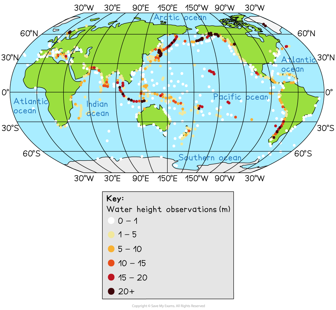 World map showing water height observations in metres across oceans, using coloured dots. Key indicates ranges from 0–1 to 20+ metres.