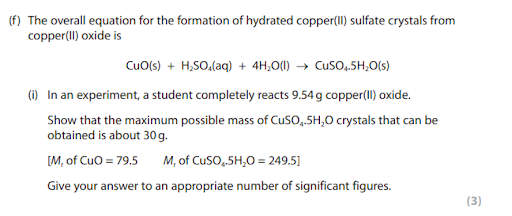 Chemical reaction for forming hydrated copper sulfate from copper oxide, with a calculation task on reacting 9.54g of copper oxide to form crystals.