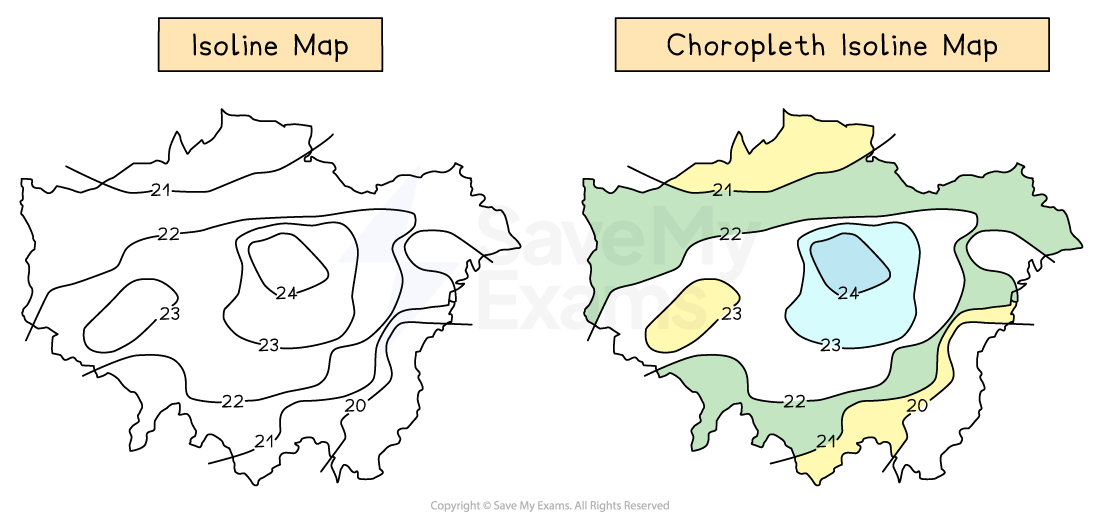 This is a comparison of an isoline map and a choropleth isoline map, showing contour intervals and shaded areas with values ranging from 20 to 24.