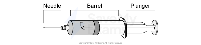 Diagram of a syringe labelled with parts: needle, barrel, and plunger. An arrow indicating movement is marked on the barrel.
