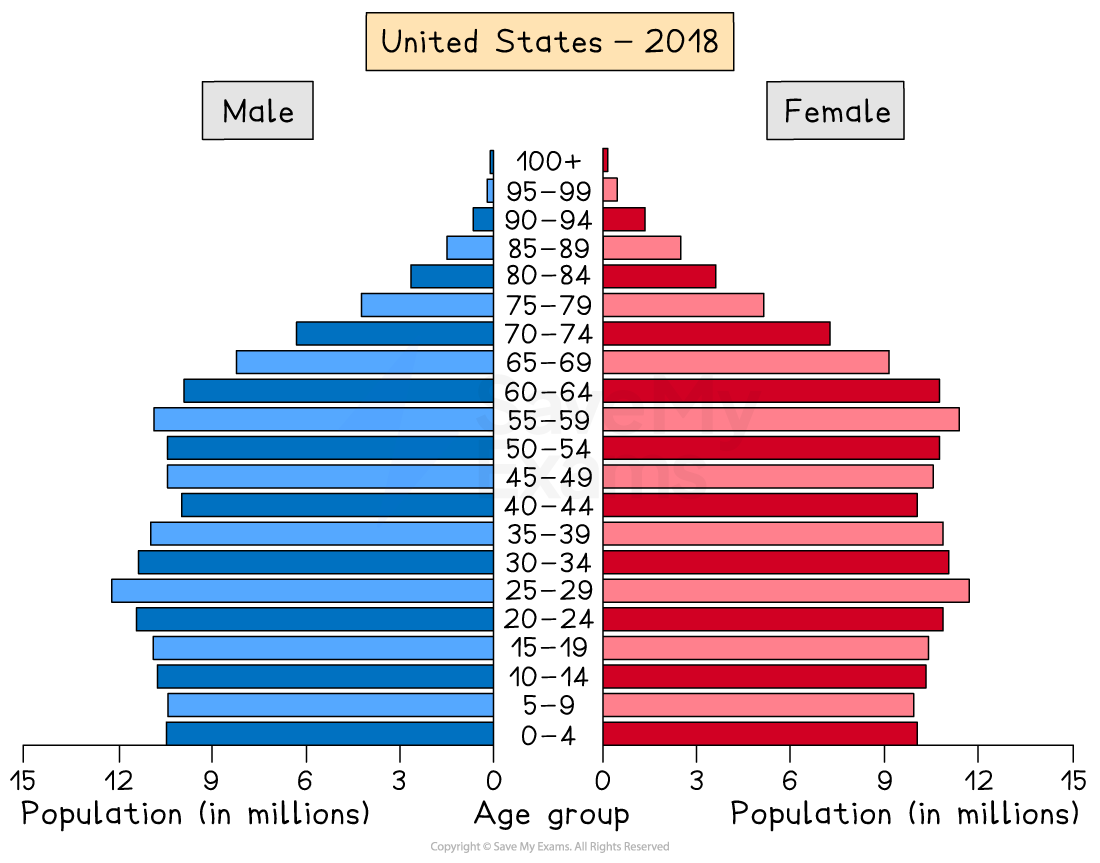 Population pyramid for the United States in 2018, showing distribution by age group and gender. Males in blue, females in red, with age on the vertical axis.