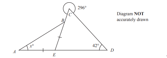 Triangle diagram with angles labeled: angle A is x degrees, angle D is 42 degrees, and angle at point B is 296 degrees. Note: Diagram not accurately drawn.