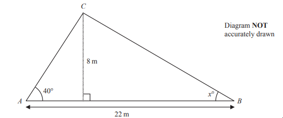 Right triangle ABC, with angle A at 40 degrees, side AB as 22 metres, height from C is 8 metres, angle B is x degrees; not accurately drawn.