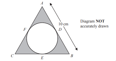 Triangle with inscribed circle, labelled ABC, points DEF on edges. An arrow marks 10 cm from A to B. Note: Diagram not accurately drawn.