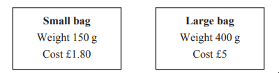 Two labels show a small bag weighing 150g at £1.80 and a large bag weighing 400g at £5, with each bag's details in separate boxes.