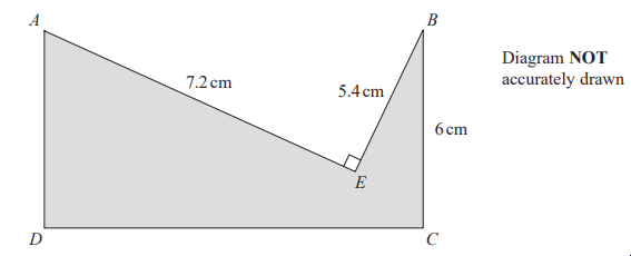 Diagram of a trapezium with points A, B, C, D, and E; AB and BE are marked 7.2 cm and 5.4 cm, BC is 6 cm. Angle E is a right angle.