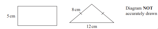 Rectangle measuring 5 cm by unknown width and an isosceles triangle with sides 8 cm and base 12 cm, labelled "Diagram not accurately drawn."