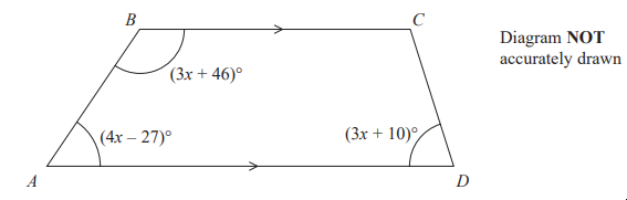 Trapezium ABCD with parallel sides AB and CD, angles: A (4x-27)°, B (3x+46)°, D (3x+10)°, caption states diagram is not accurately drawn.