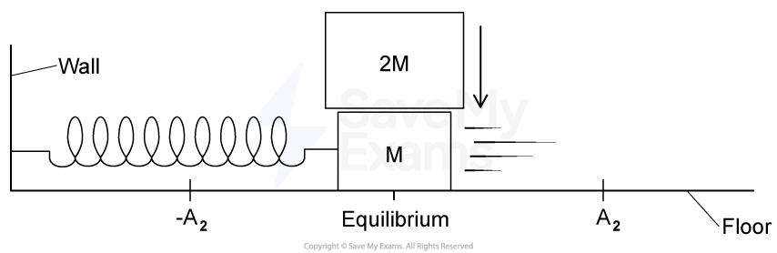 A block of mass 2M is dropped on to the block of mass M as it passes through equilibrium. New amplitudes A2 and -A2 are marked.