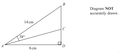 Triangle ABCD with angle A 38°, line AB 14cm, AD 8cm, and right angle at D. Diagram labelled as not accurately drawn.