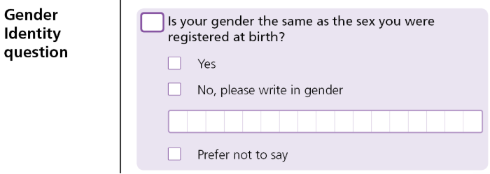 Gender identity question with options: Yes, No with write-in space, and Prefer not to say. Checkbox next to each option for responses.