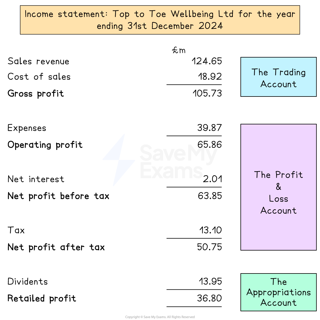 Income statement for Top to Toe Wellbeing Ltd, year ending 31st December 2024, showing revenue, costs, profits, dividends, and retained profit.