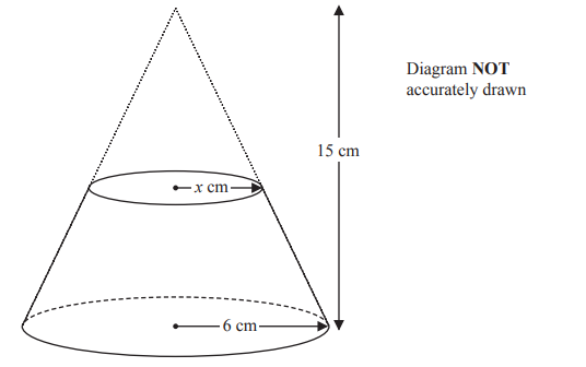 Cone with radius 6 cm, height 15 cm, and a smaller top circle with radius x cm. Diagram not accurately drawn indicated on the side.