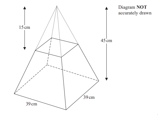 Diagram of a pyramid with a square base, 39 cm sides, 15 cm height to the top edge, and 45 cm total height. Note: Diagram not accurately drawn.