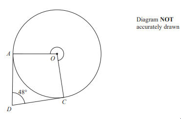 Geometric diagram showing circle centred at O; angle AOD marked as 48 degrees; triangle AOD intersects circle at C; note: diagram not accurately drawn.