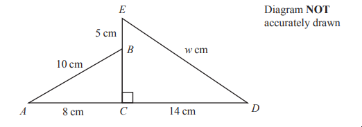Triangle diagram with points A, B, C, D, E. AC is 8cm, CD is 14cm, EC is 5cm, AB is 10cm, ED is w cm. Triangle EBC is right-angled. Diagram not to scale.