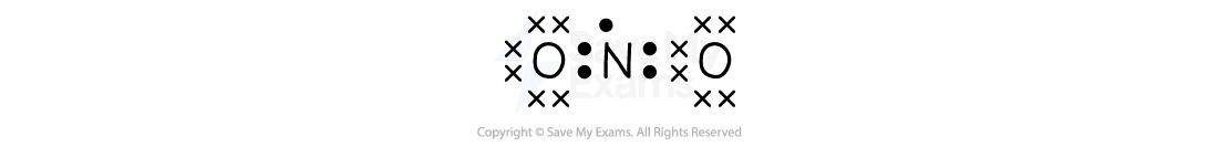 Lewis structure of nitrogen dioxide (NO2), showing an O-N-O arrangement with single and double bonds and lone pairs on oxygen atoms.