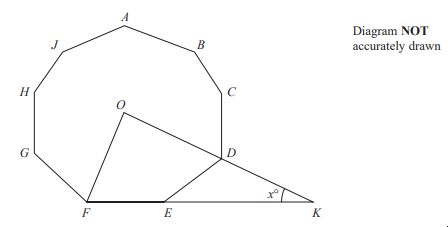 Irregular polygon JABCDEFG with an interior triangle DEK and angle x° shown. Text indicates the diagram is not accurately drawn.