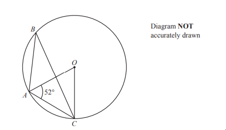 Circle diagram with centre O, points A, B, C on circumference. Triangles AOC and AOB shown, angle BAC marked as 52 degrees. Text notes diagram not to scale.