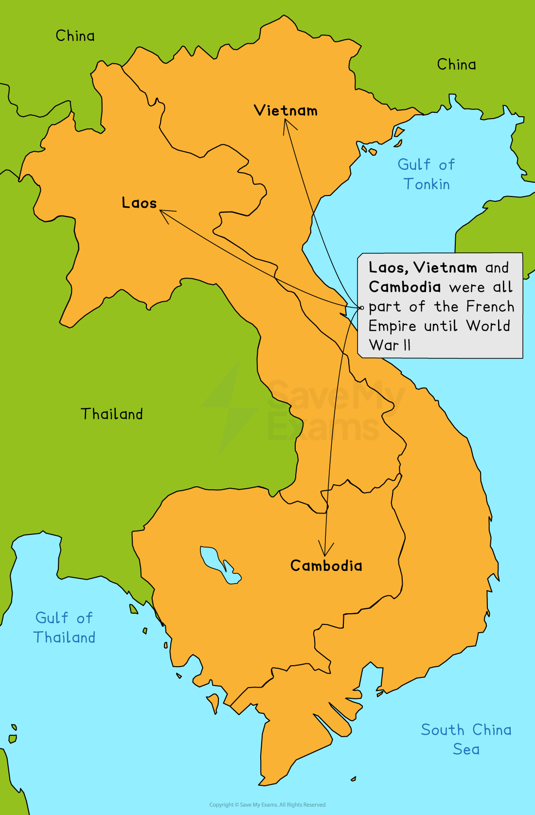 Map showing Vietnam, Laos, and Cambodia in orange, with note on their history as French colonies. Surrounding areas include Thailand, China, and bodies of water.