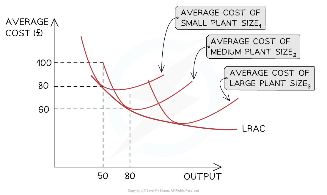 Graph showing average cost curves for small, medium, and large plant sizes, with LRAC curve. Y-axis: average cost (£), X-axis: output.