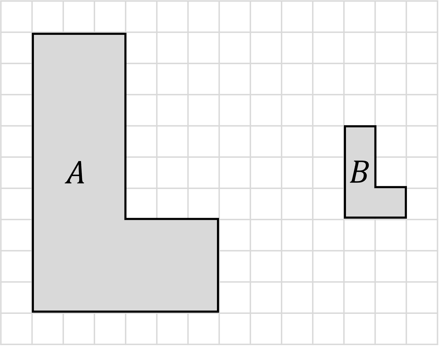 Grid with two L-shaped polygons, labelled A and B. Polygon A is larger, on the left, occupying a 3x5 area. Polygon B is smaller, on the right, occupying a 2x3 area.