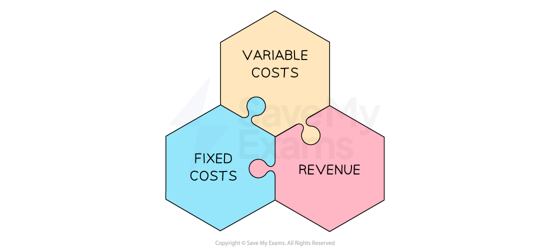 Three hexagonal puzzle pieces labelled "Fixed Costs," "Variable Costs," and "Revenue," interlock, representing financial concepts.