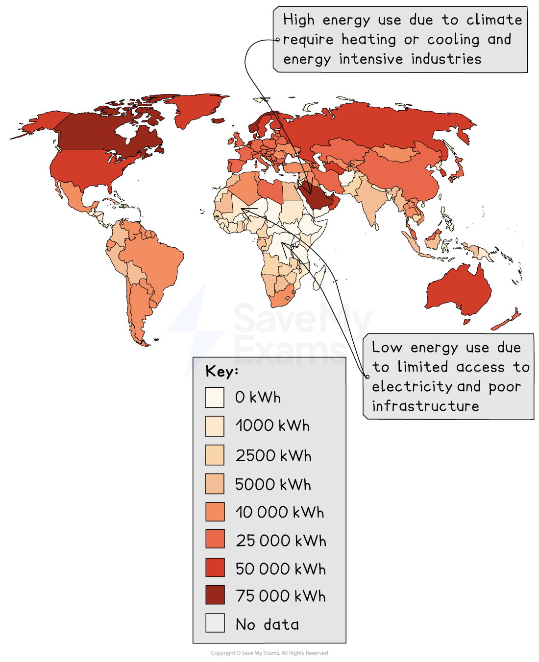 World map showing average energy consumption per capita in kilowatt hours, with a color gradient from light yellow (low) to dark red (high). Some regions have no data.