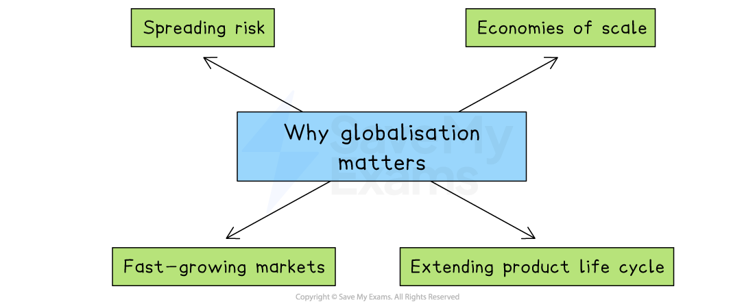 Flowchart titled "Why globalisation matters" with points: Spreading risk, Economies of scale, Fast-growing markets, Extending product life cycle.