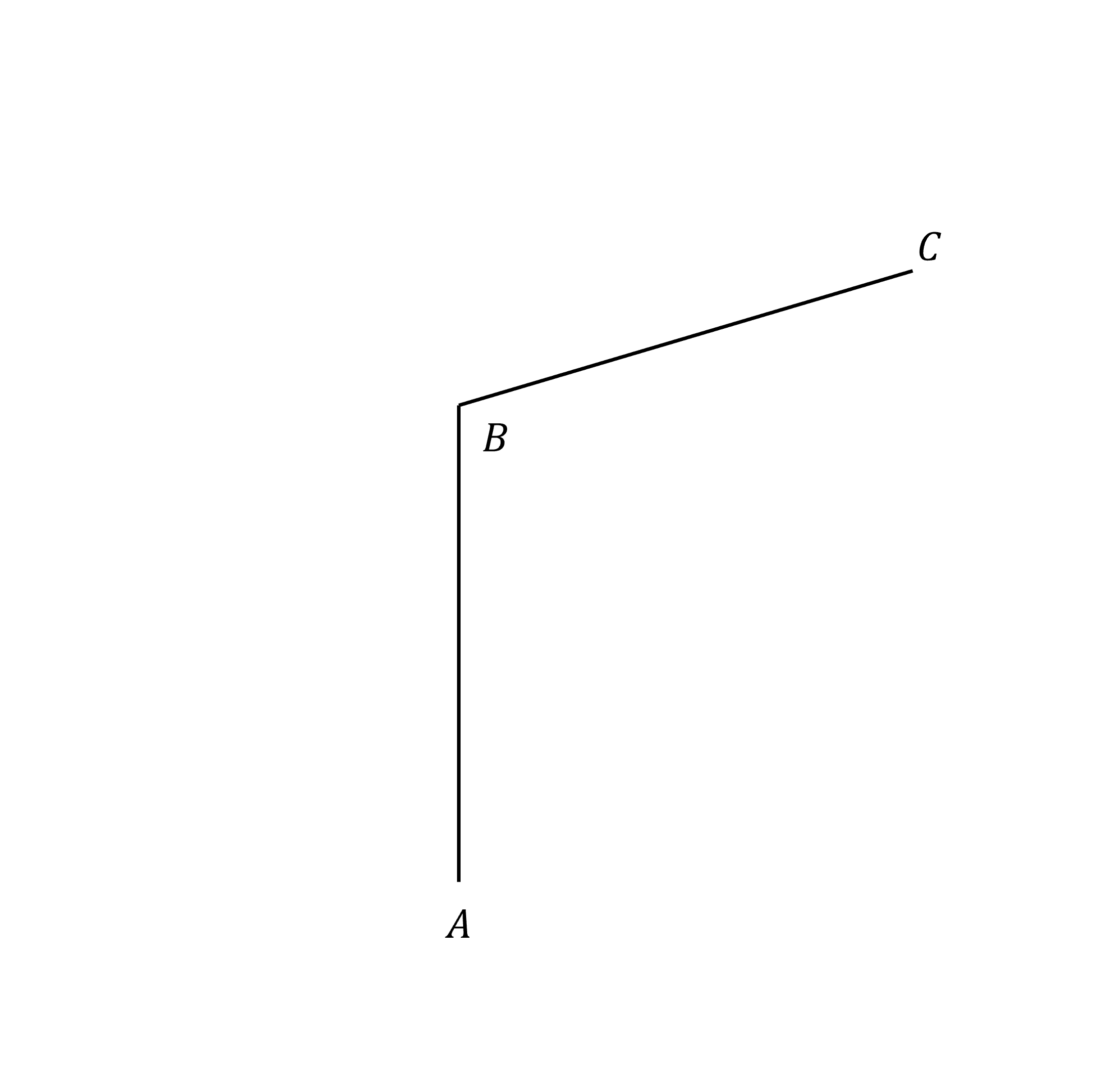 Diagram of a bent line forming an angle, with three points labeled: A at the bottom, B at the corner, and C at the end of the top segment.