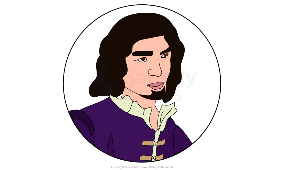 Illustration of a historical figure with long dark hair and a small goatee, wearing a purple coat and white cravat, within a circular frame.