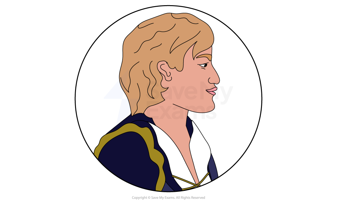 Illustration of a person in profile, with blond hair and blue and gold clothing, drawn within a circle against a white background.
