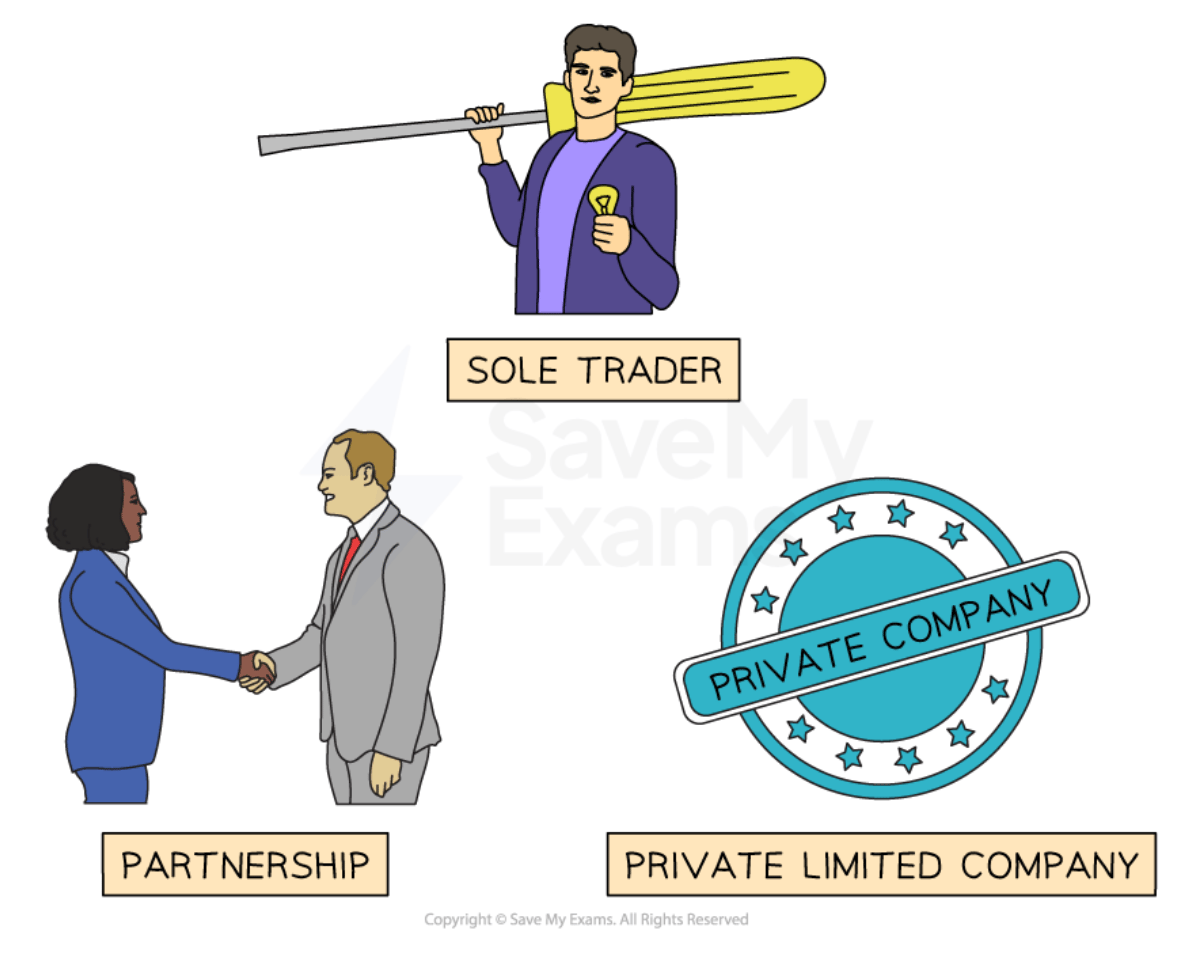 Illustration showing business types: a sole trader holding a paddle, a partnership with two people shaking hands, and a private limited company badge.
