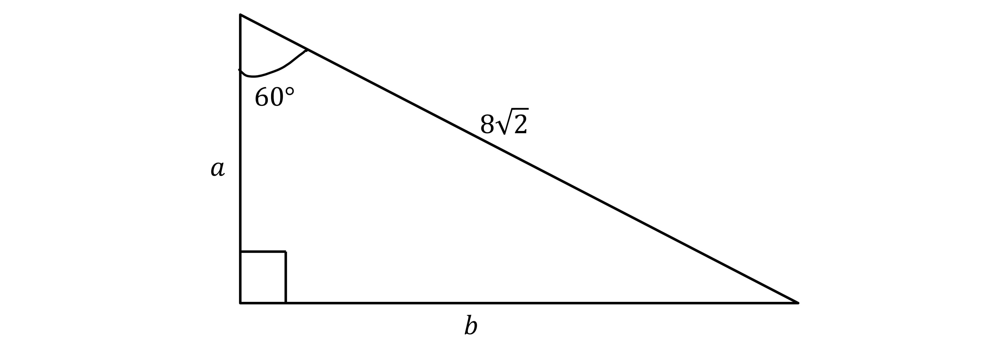 Right-angled triangle with sides a, b, hypotenuse 8√2, and a 60° angle opposite side a.