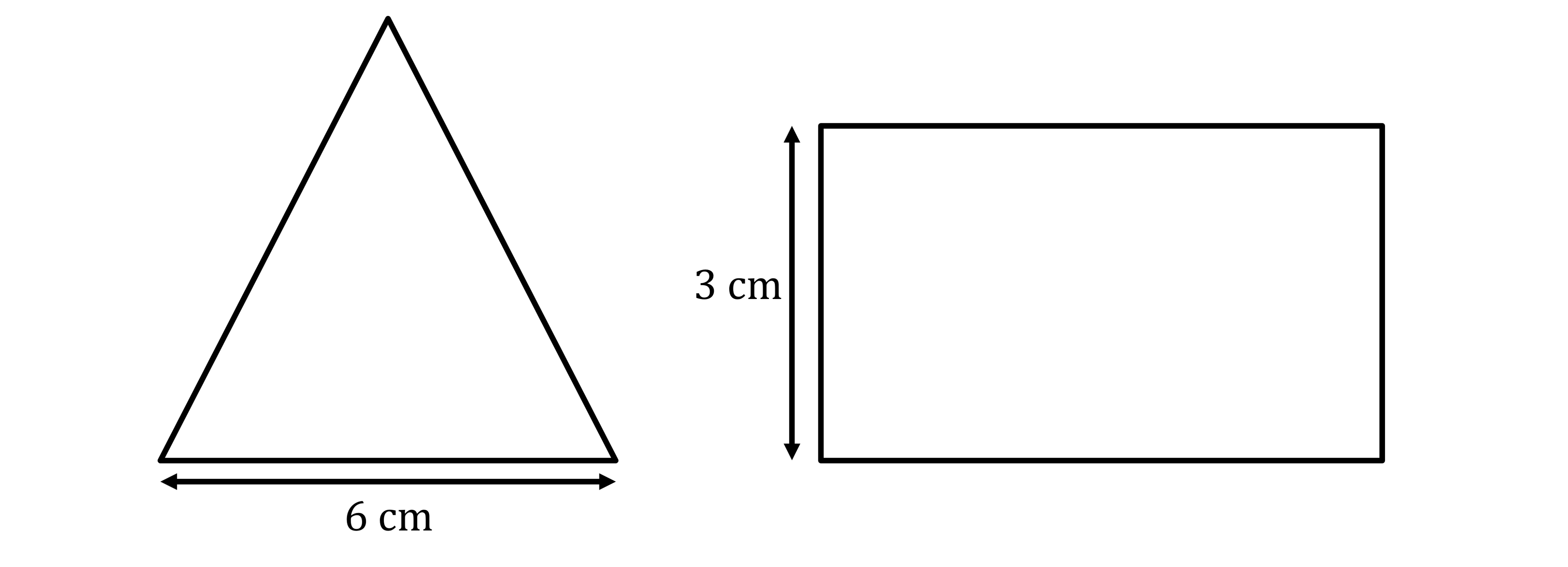 A triangle with a 6 cm base next to a rectangle with a 3 cm height, both outlined in black.