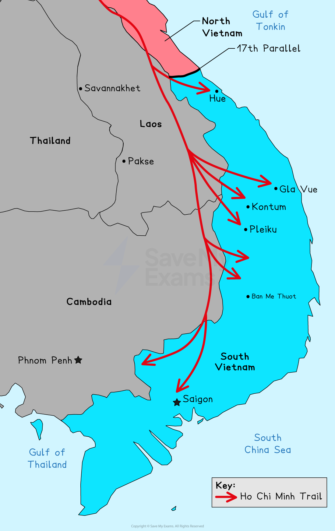 Map illustrating the Ho Chi Minh Trail with red arrows from North Vietnam to South Vietnam, crossing Laos and Cambodia, key locations labelled.
