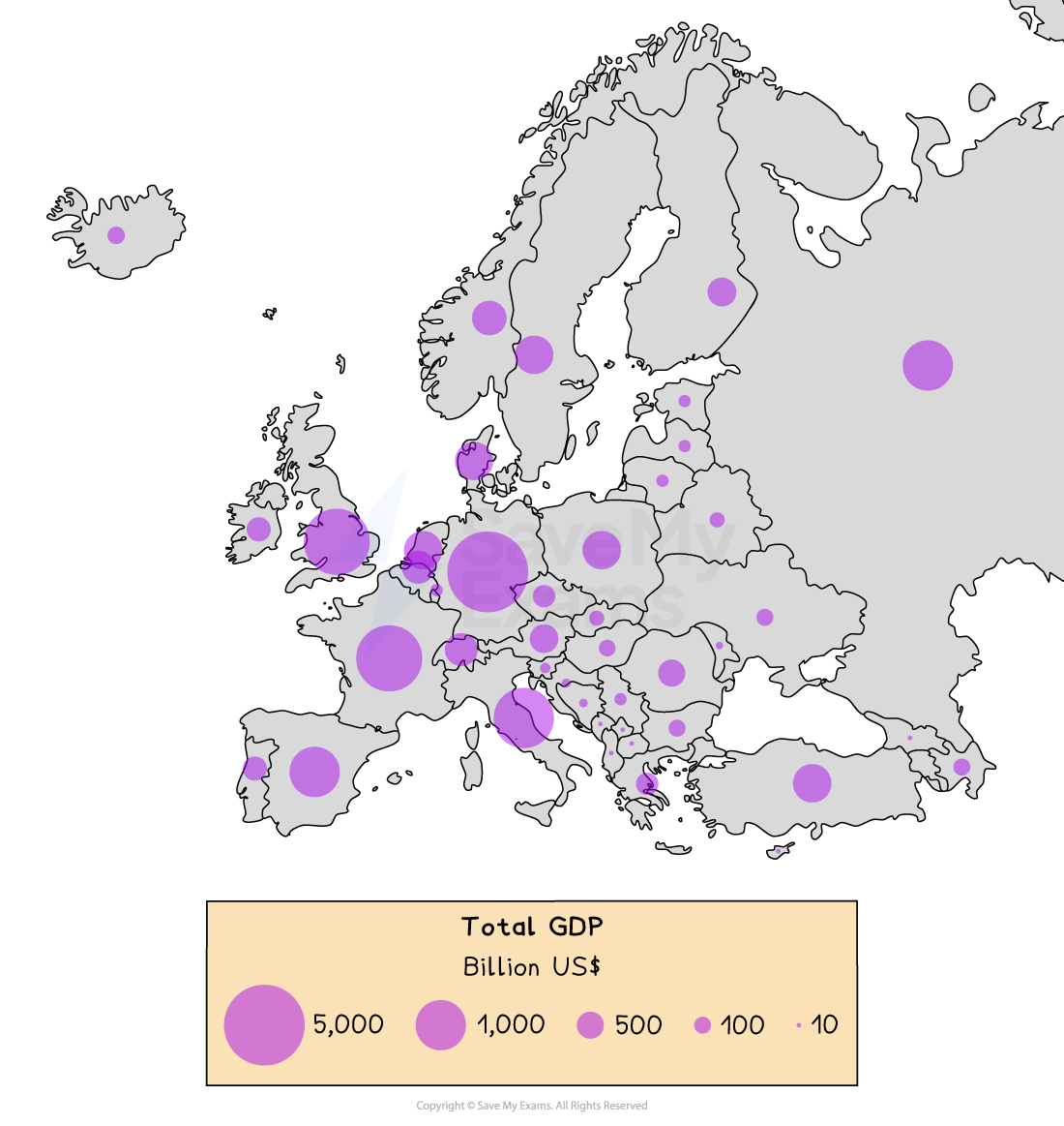 A map of Europe showing countries' total GDP in billions of US dollars, represented by purple circles of varying sizes. Larger circles indicate higher GDP.