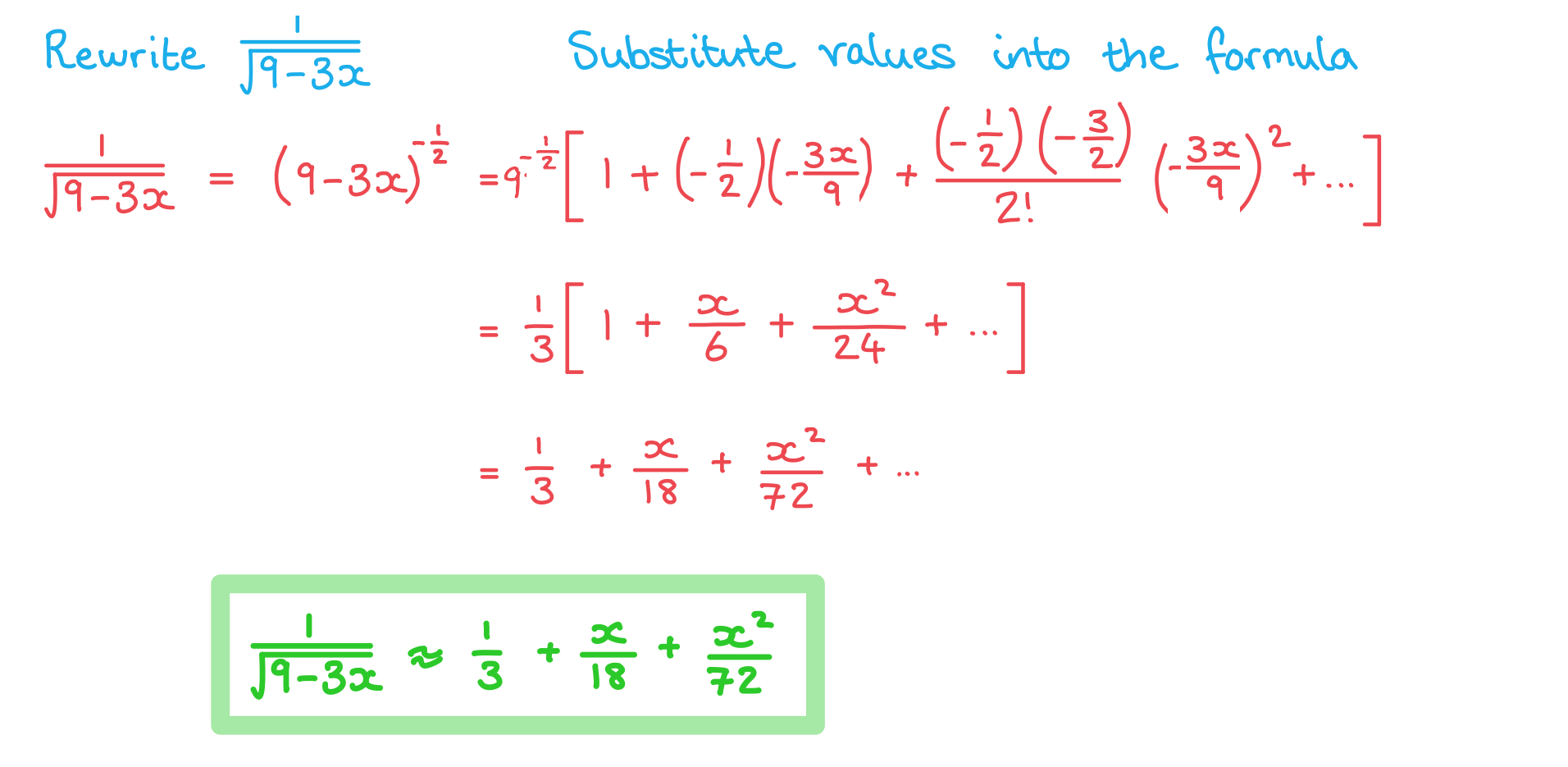 Mathematical expansion of 1 over the square root of 9 minus 3x, simplified to a series: 1/3 + x/18 + x²/72, in colourful handwritten style.