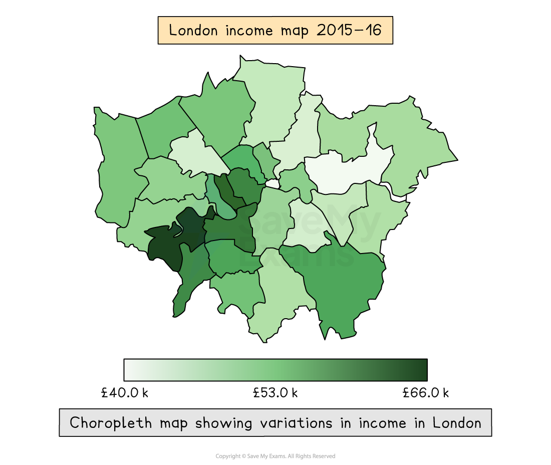 Choropleth map of London showing income variations in 2015-16, with areas shaded from light to dark green representing incomes from £40.0k to £66.0k.