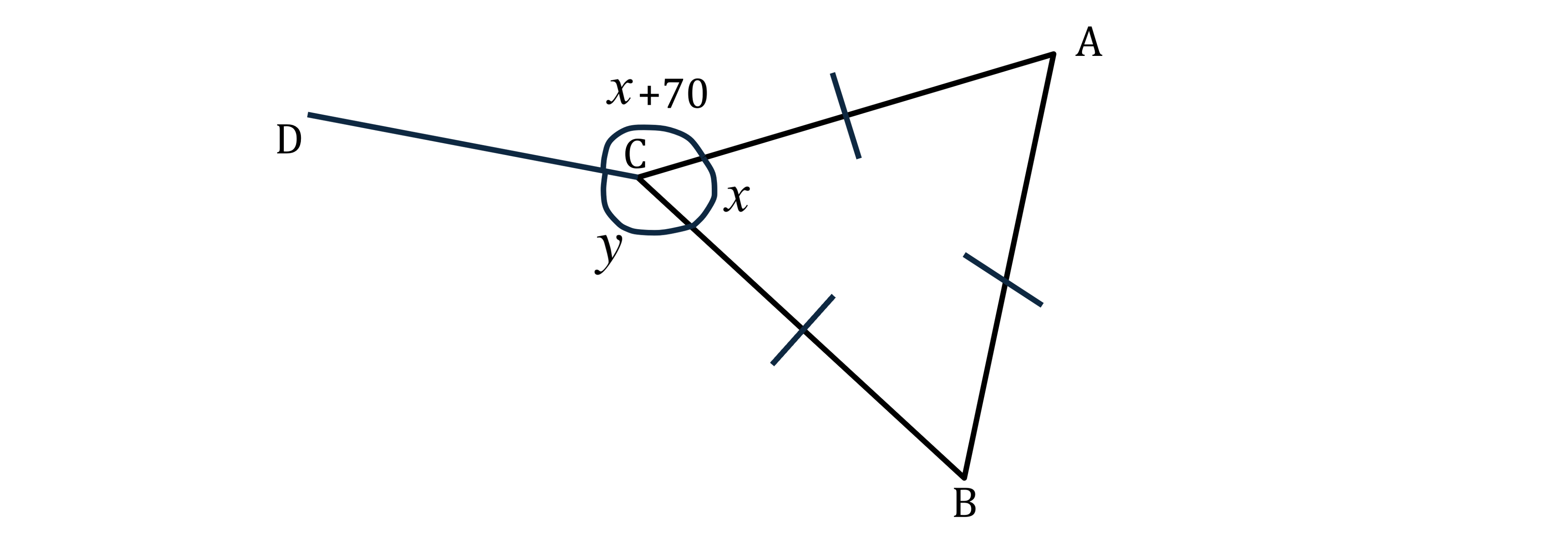 An equilateral triangle ABC has a line CD extending from it. There are three angles around point C: ACB = x, ACD = x+70, BCD = y
