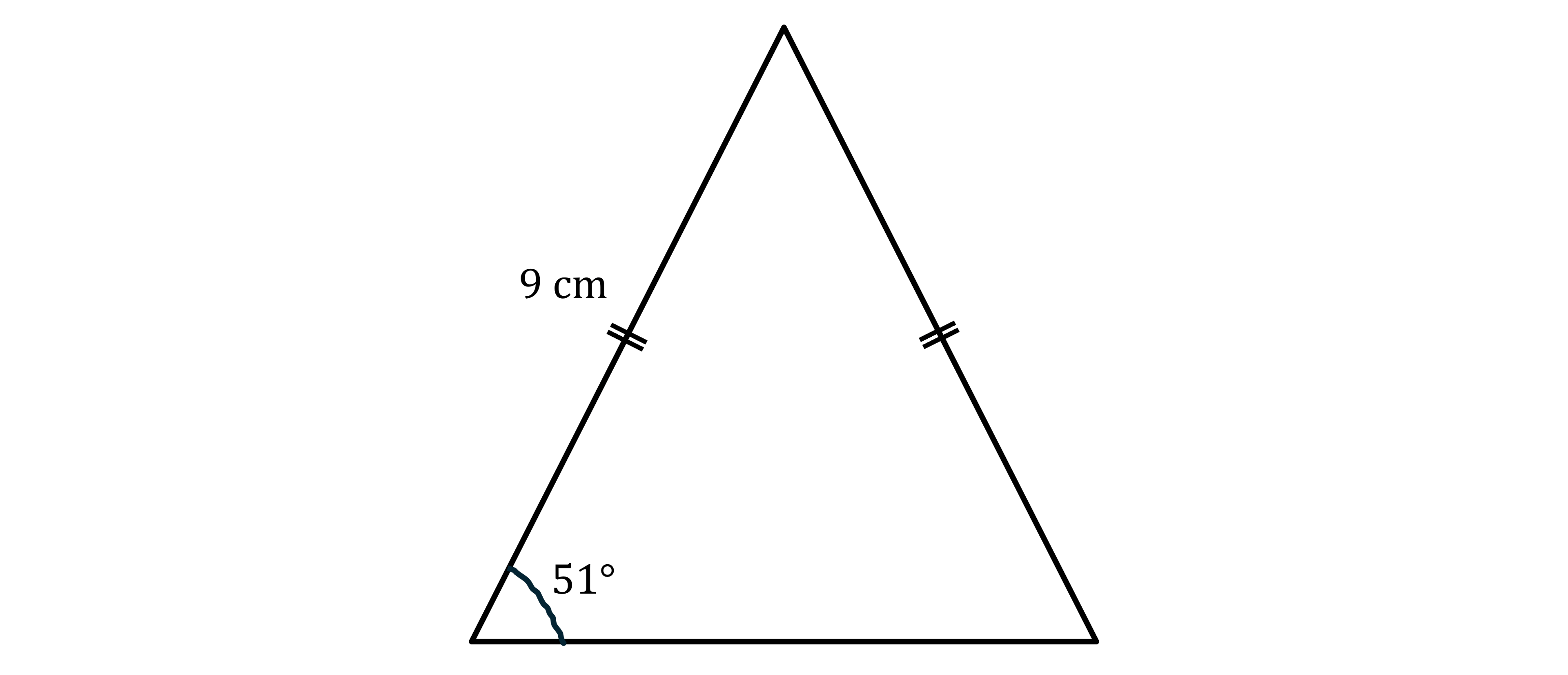 Isosceles triangle with two equal sides marked, each 9 cm, and a 51-degree angle at the base.