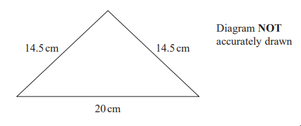 Isosceles triangle with equal sides of 14.5 cm and base 20 cm, labelled as "Diagram NOT accurately drawn" on the right.
