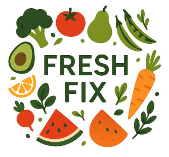 Assorted fruits and vegetables, including broccoli, tomato, avocado, lemon, pear, carrots, and watermelon, encircle the text "FRESH FIX".