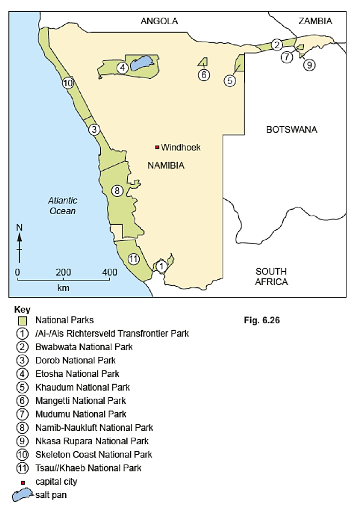 Map of Namibia highlighting national parks and Windhoek. Parks include Bwabwata, Etosha, and Skeleton Coast, with a salt pan in Etosha.