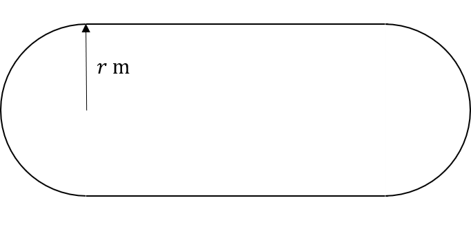 Diagram of a rectangular shape with semicircles at the ends. An arrow indicates a radius labelled "r m" pointing from the centre to the edge of one of the semicircles.