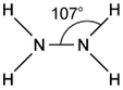 Structural formula of hydrazine showing two nitrogen atoms bonded with a 107-degree angle. Each nitrogen is bonded to two hydrogen atoms.