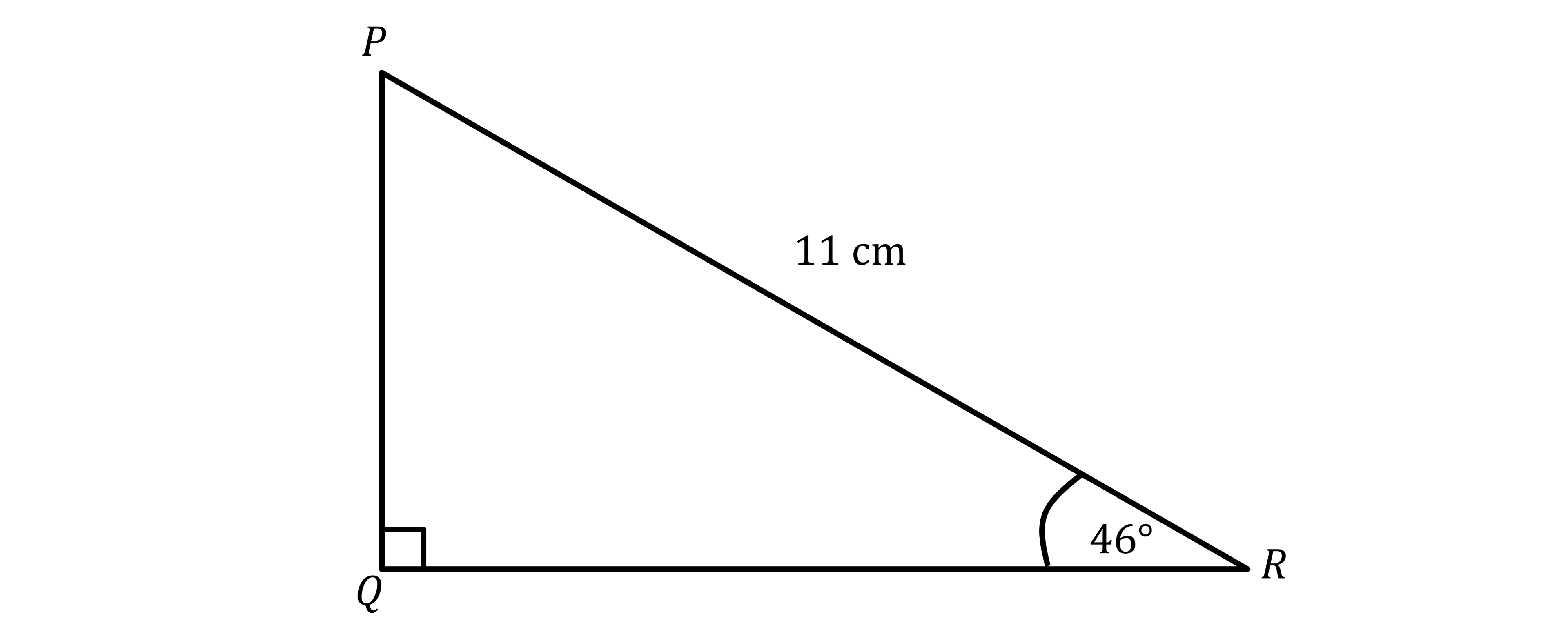 Right triangle PQR with PR as hypotenuse, measuring 11 cm. Angle PRQ is 46 degrees, and Q is a right angle.